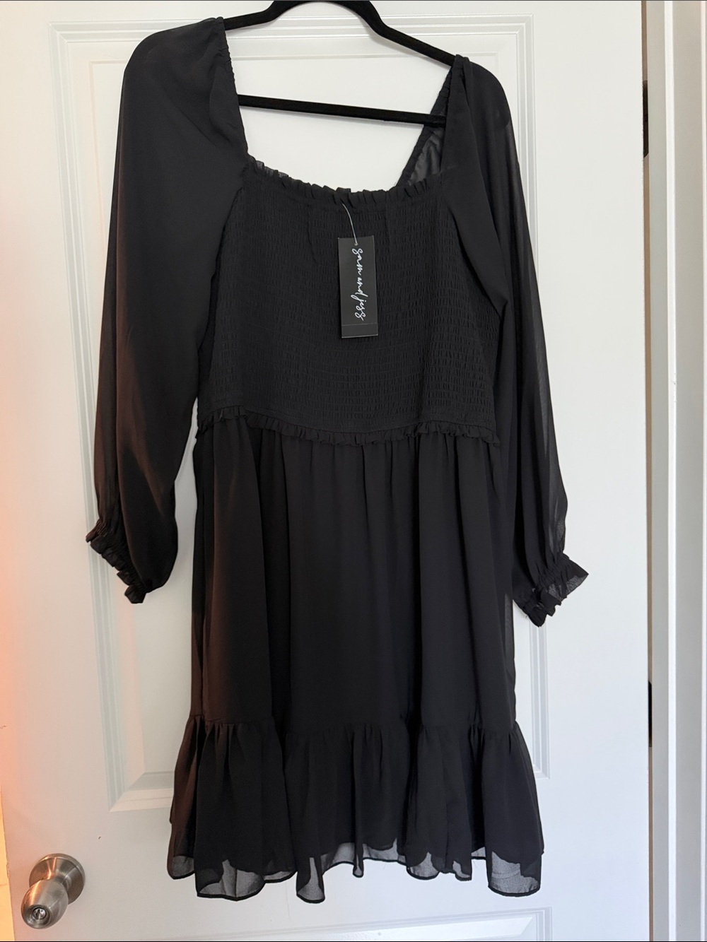 Sam and Jess Black Smocked Tiered Long-Sleeve Midi Dress